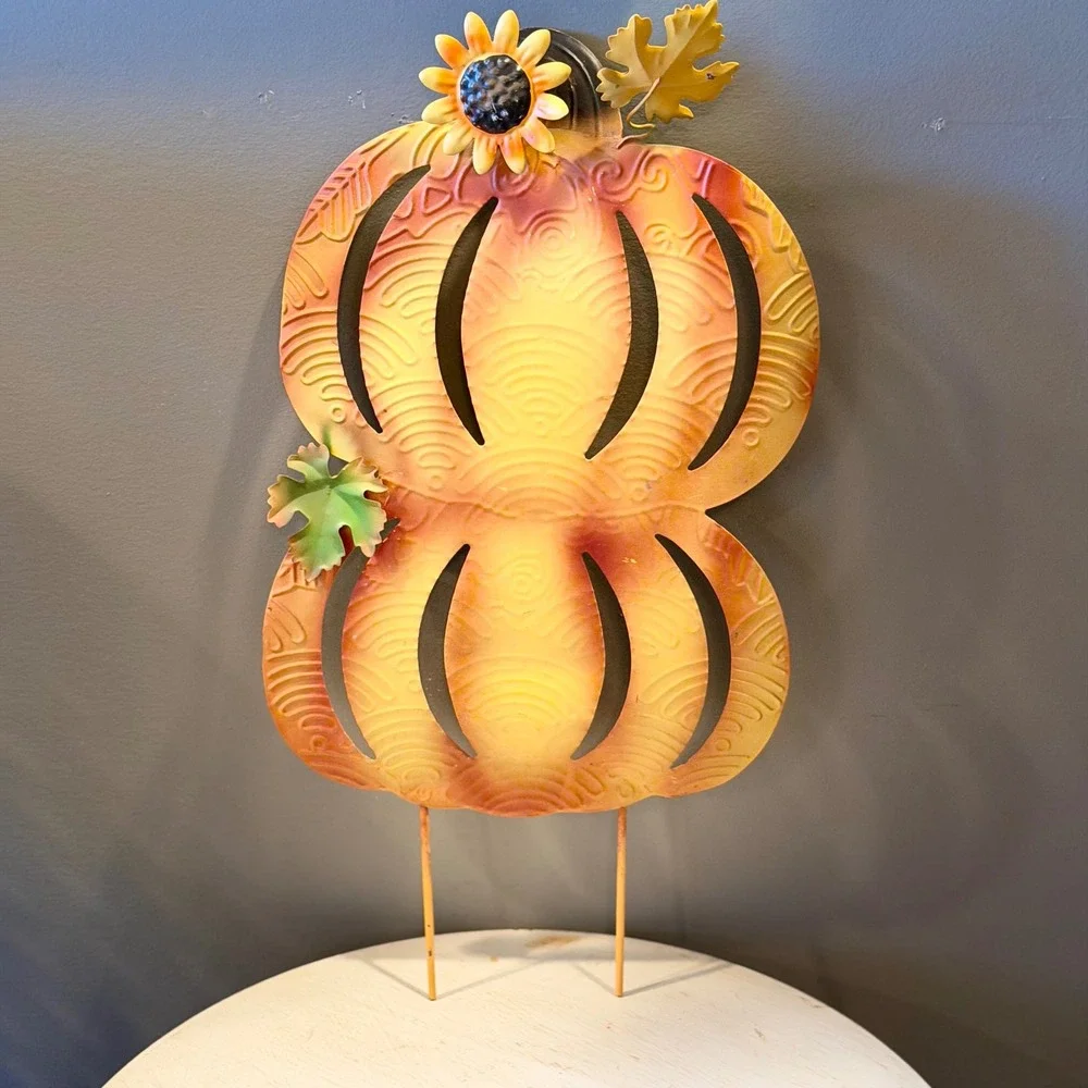 Metal Pumpkin Yard Stake Hello Fall Sunflower Leaf Outdoor Fall Decor - Picture 4 of 7